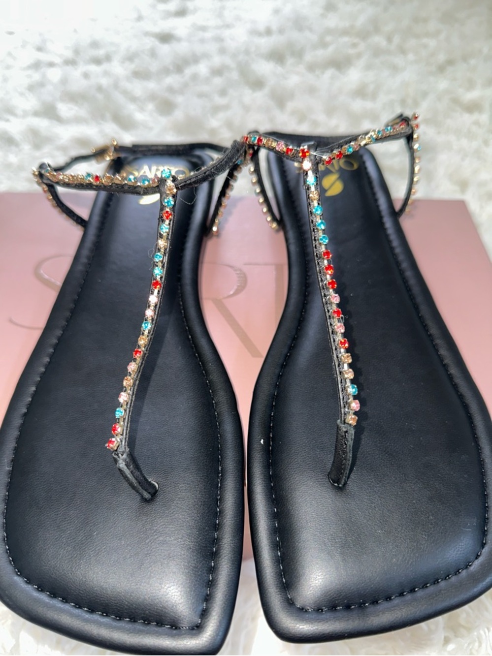 Black Rhinestone T-Strap Flat Sandals